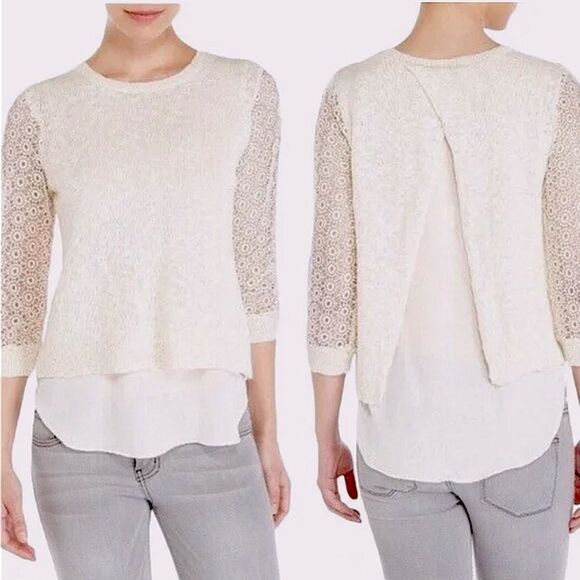 Lucky Brand crochet ivory Layered Linen Blend Chiffon Top blouse open knit L - Picture 1 of 9